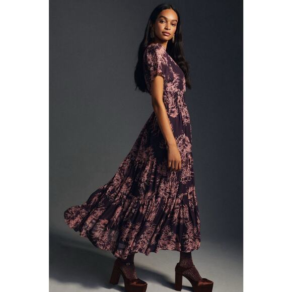Anthropologie The Somerset Purple Floral Chiffon Maxi Dress Trad Wife Dress XS - Picture 1 of 14